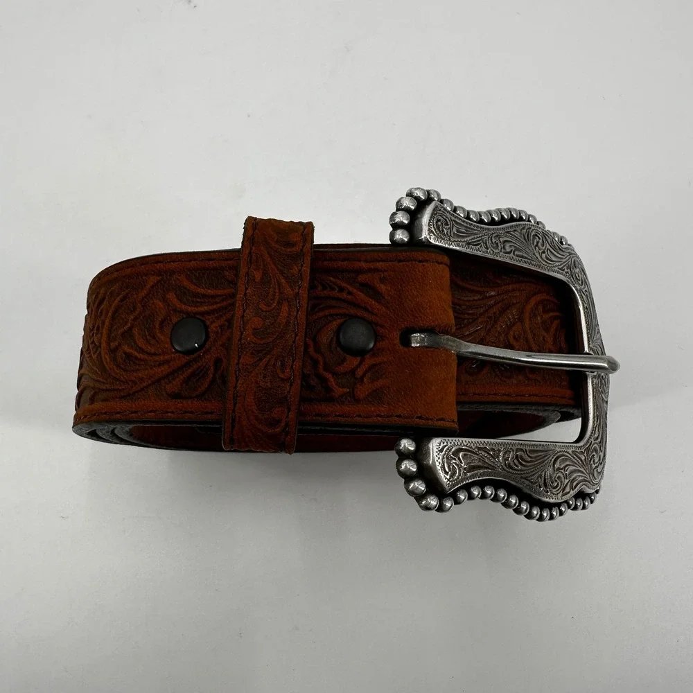 Tony Lama Mens Brown Floral Embossed Tooled Leather Western Belt Buckle 30 Rodeo